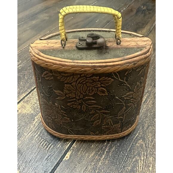 VTG Small Wood And Bamboo Floral Plant Embossed Handle Purse Lined Boho - Picture 1 of 14